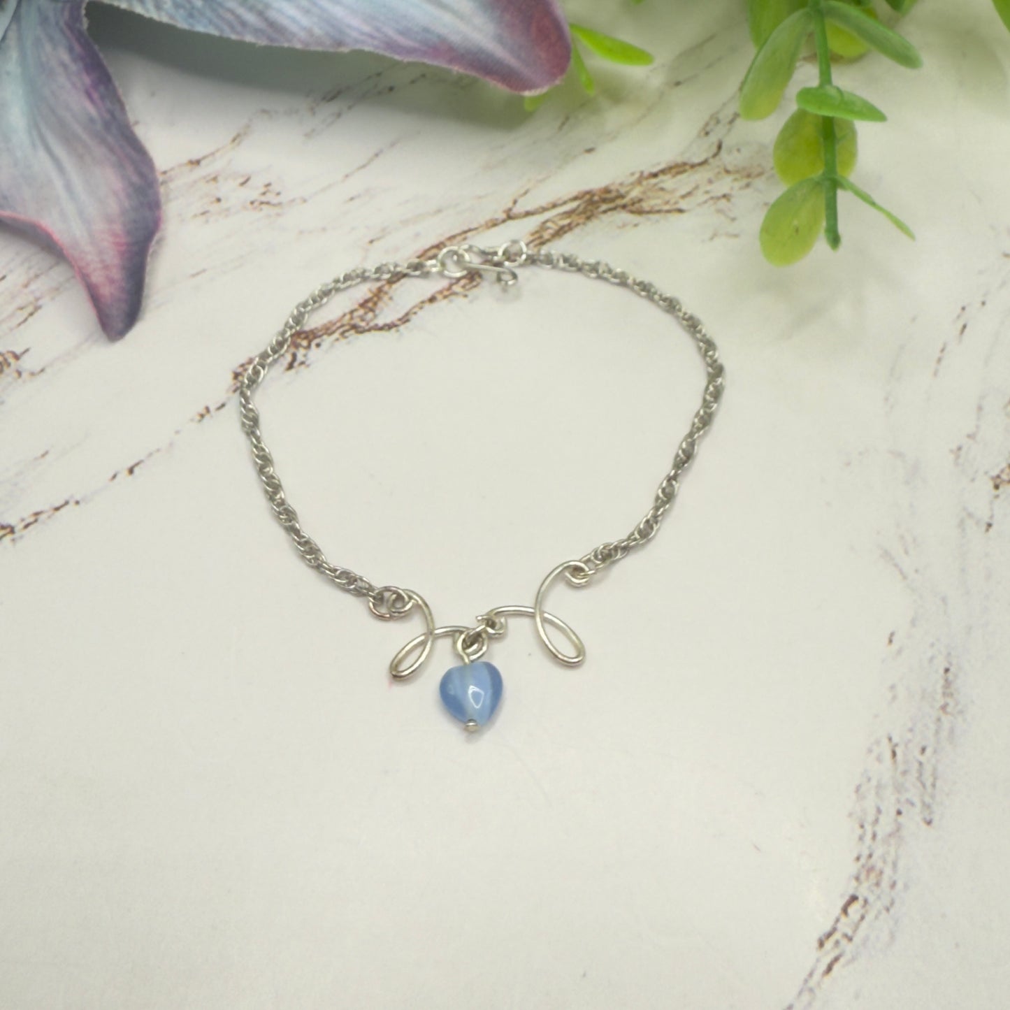 Blue Glass Heart Charm Silver Chain Doll Necklace • 18 Inch Fashion Doll Jewelry