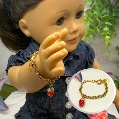 Strawberry Charm Gold Chain Doll Bracelet • 18 Inch Fashion Doll Jewelry