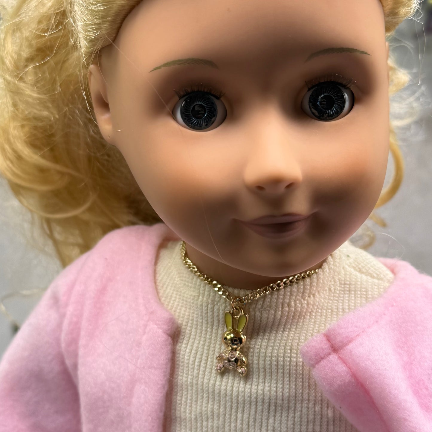 Bunny Yellow & Pink Enamel Detail Charm Doll Necklace Easter • 18 Inch Fashion Doll Jewelry
