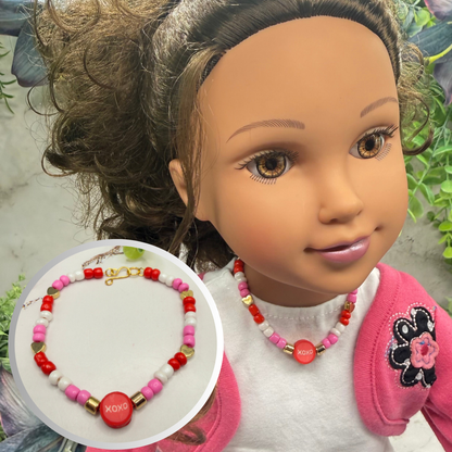 XOXO Pink Red White Beaded Doll Necklace Valentine’s Day• 18 Inch Fashion Doll Jewelry