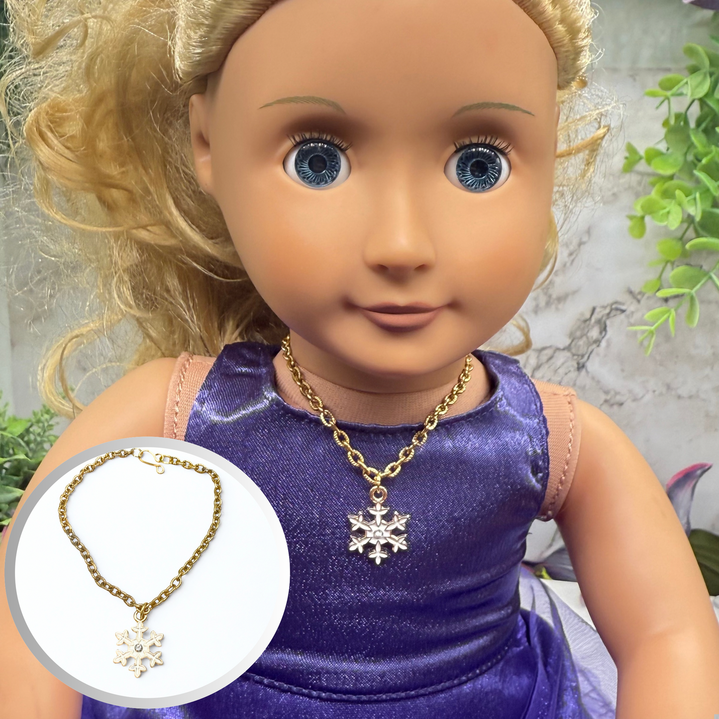 Gold Chain Snowflake Charm Doll Necklace • 18 Inch Fashion Doll Jewelry