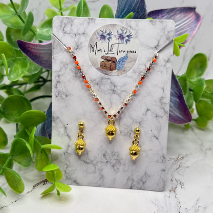 Gold Acorn Harvest Autumn Charm Fall Colors Rhinestone Doll Necklace & Earrings Set | for 18 Inch Fashion Doll