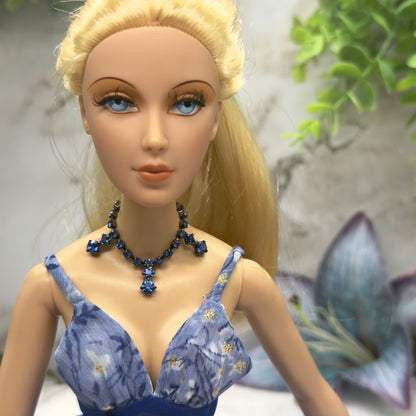 Blue Rhinestone Drop Black Metal Doll Necklace • 16 Inch Fashion Doll Jewelry