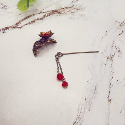 Red Rhinestone Crystal Dangles Bronze Brass Tone Metal Filigree Flower Design Doll Hair Stick • 14-18” Fashion Dolls • Doll Hair Accessories da