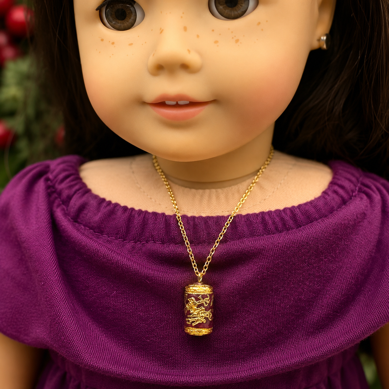 Cloisonne Burgundy Gold Design Pendant Doll Necklace • 18” Fashion Doll Jewelry