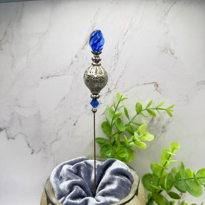 Cobalt Blue Lucite Spiral Finial Ornate Silver Tone Globe Bead Hatpin • 8 Inch