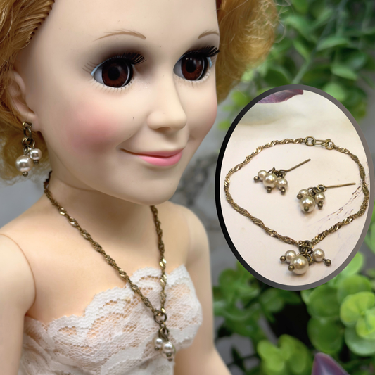 Gold Chain Pearl Dangle Pendant Doll Necklace & Earrings • 18-22” Vintage Doll Jewelry