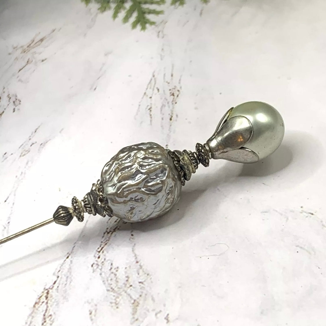 Gray Pearl Silver Gold Tone Filigree • 8.75” • Hatpin