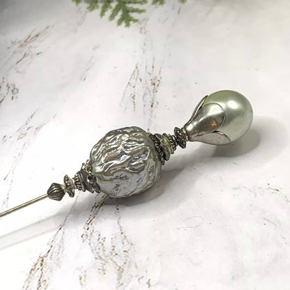 Gray Pearl Silver Gold Tone Filigree • 8.75” • Hatpin
