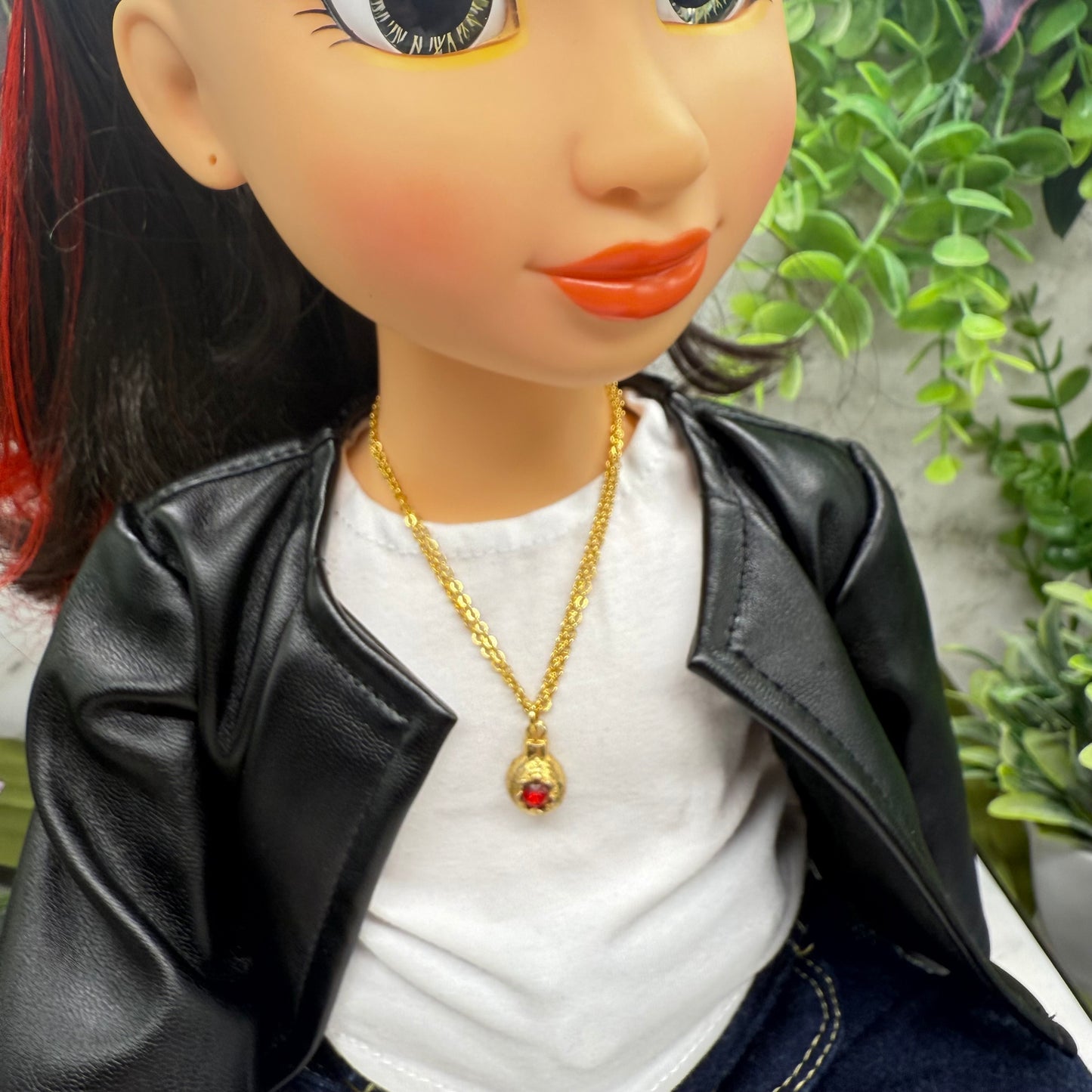 Gold Christmas Ornament Charm Red Rhinestone Doll Necklace • 18 Inch Fashion Doll Jewelry