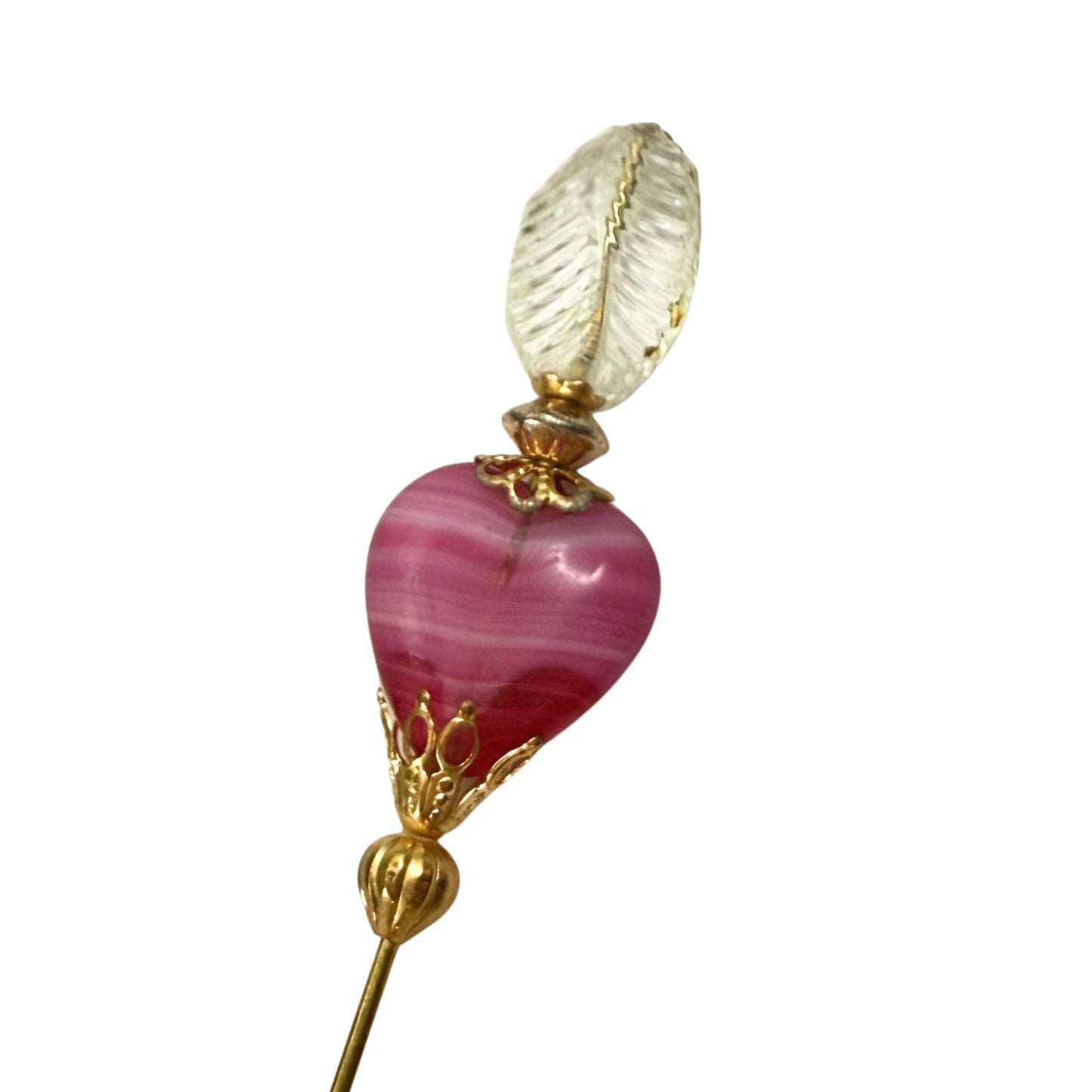 Pink Swirl Design Glass Heart Clear Leaf Top Gold Filigree - 6 Inch • Hatpin - Stick Pin