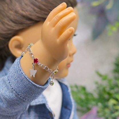 Butterfly Silver Charm and Multi-Color Rhinestone Dangle Doll Bracelet • 18 Inch Fashion Doll Jewelry