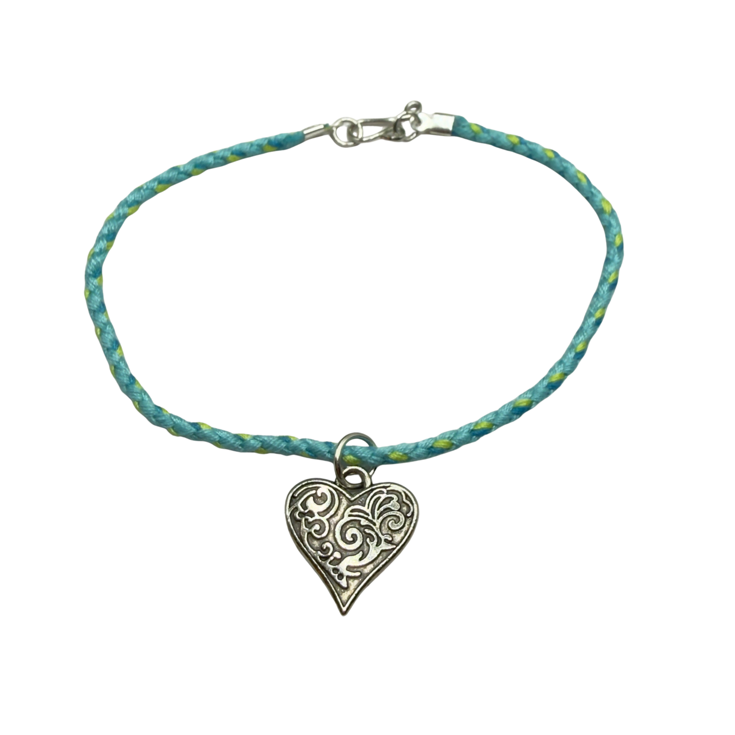 Turquoise Light Blue Braided Thread Doll Necklace Silver Heart Charm • 18 Inch Fashion Doll Jewelry