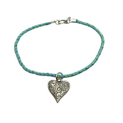 Turquoise Light Blue Braided Thread Doll Necklace Silver Heart Charm • 18 Inch Fashion Doll Jewelry