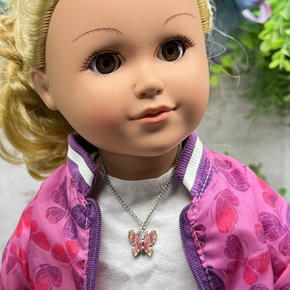 Mauve Pink Purple Orange Glitter Enamel Butterfly Silver Doll Necklace • 18 Inch Fashion Doll Jewelry