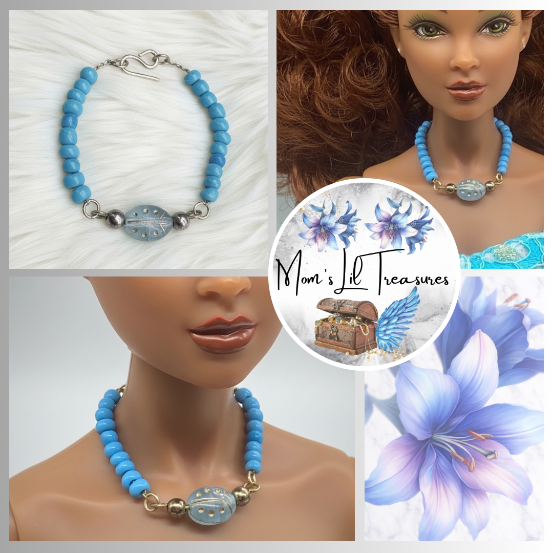 Turquoise Blue Glass Beaded Gold Doll Necklace • 16 Inch Fashion Doll Jewelry