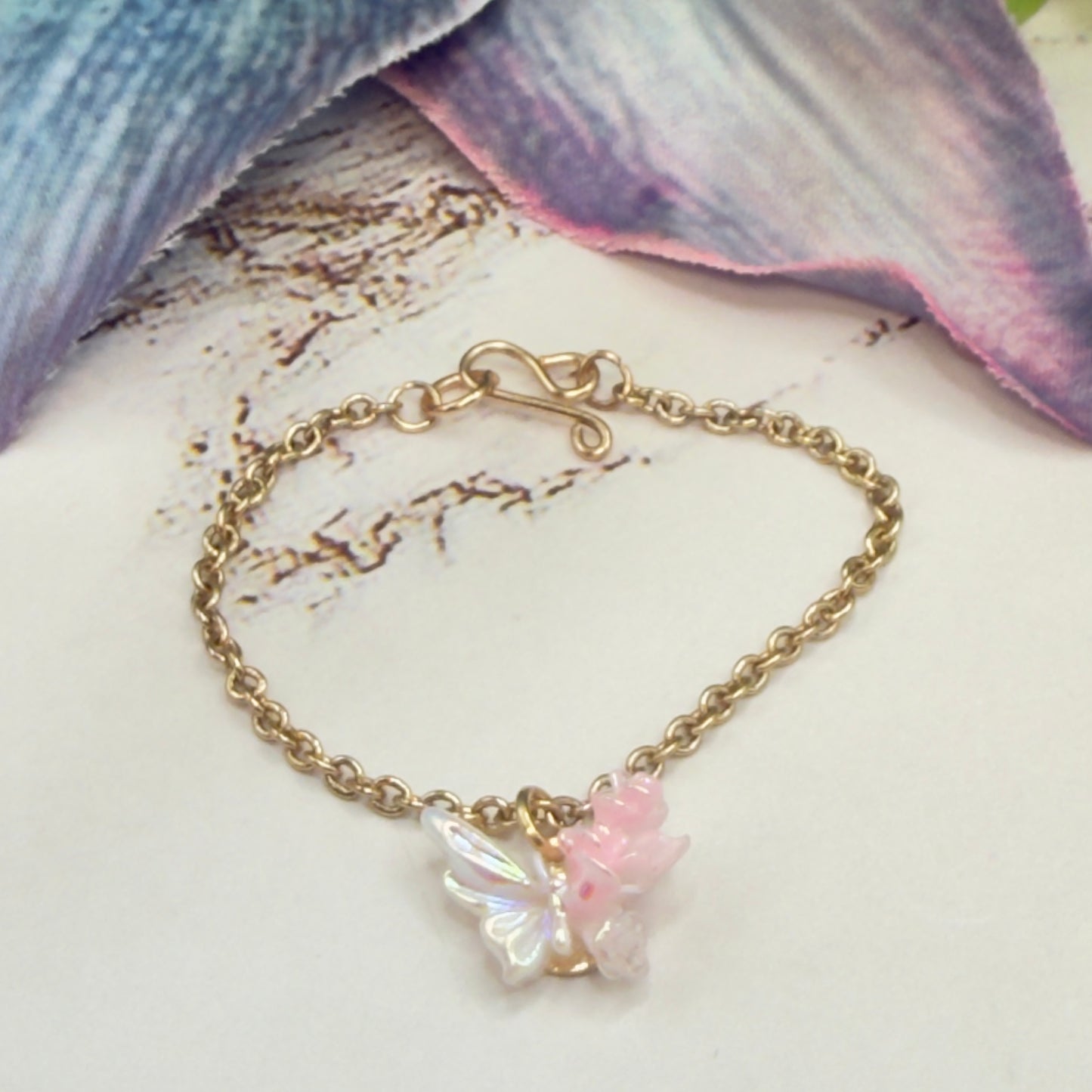 Pink & White Acrylic Butterfly Roses Charm Gold Chain Doll Necklace • 14 Inch Fashion Doll Jewelry