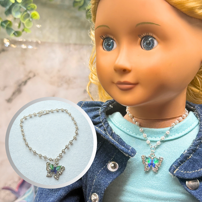 Turquoise Green Blue Butterfly Charm Pearl Beaded Doll Necklace • 18 Inch Fashion Doll Jewelry