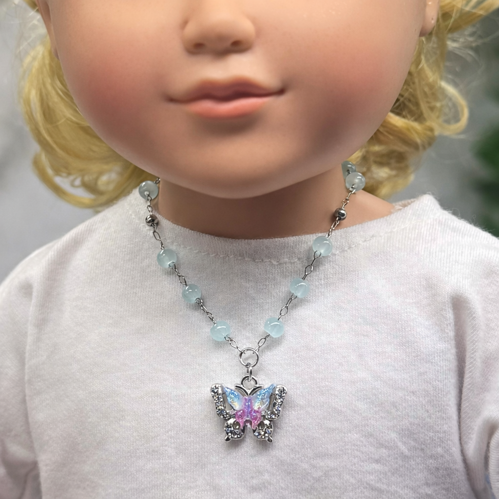 Blue Purple Butterfly Charm Light Blue Beaded Doll Necklace • 18 Inch Fashion Doll Jewelry