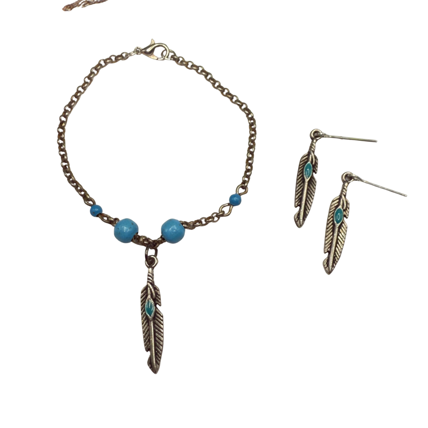 Turquoise Blue Silver Feather Dangle Charm Doll Necklace & Earrings • 18 Inch Fashion Doll Jewelry