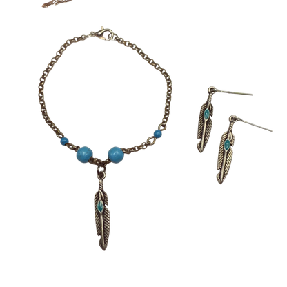 Turquoise Blue Silver Feather Dangle Charm Doll Necklace & Earrings • 18 Inch Fashion Doll Jewelry