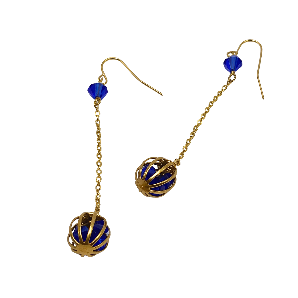 Blue Crystal and Gold Tone Chain Cage Bead Dangle Earrings - Handmade