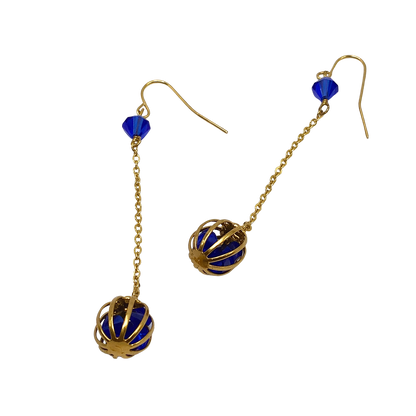 Blue Crystal and Gold Tone Chain Cage Bead Dangle Earrings - Handmade