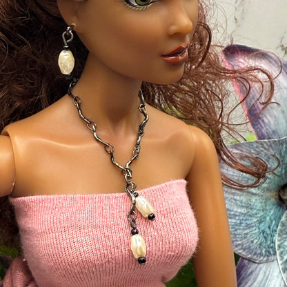 Black Chain Pearl Dangle Doll Necklace & Earrings Set • 16 Inch Fashion Doll Jewelry