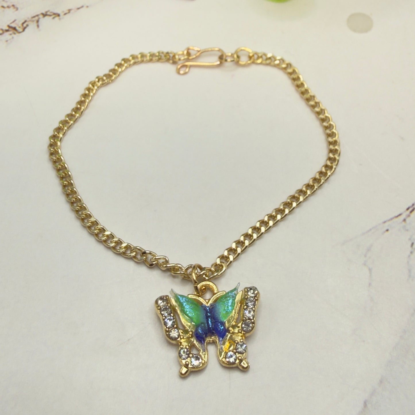 Blue Green Acrylic Butterfly Charm Rhinestone Accents Gold Chain Doll Necklace • 18 Inch Fashion Doll Jewelry