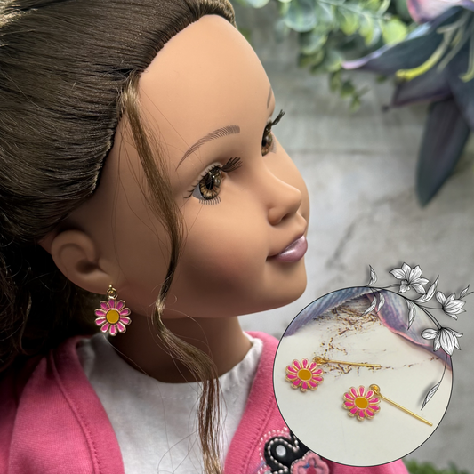 Hot Pink Daisy Flower Dangle Doll Earrings • 18 Inch Fashion Doll Jewelry