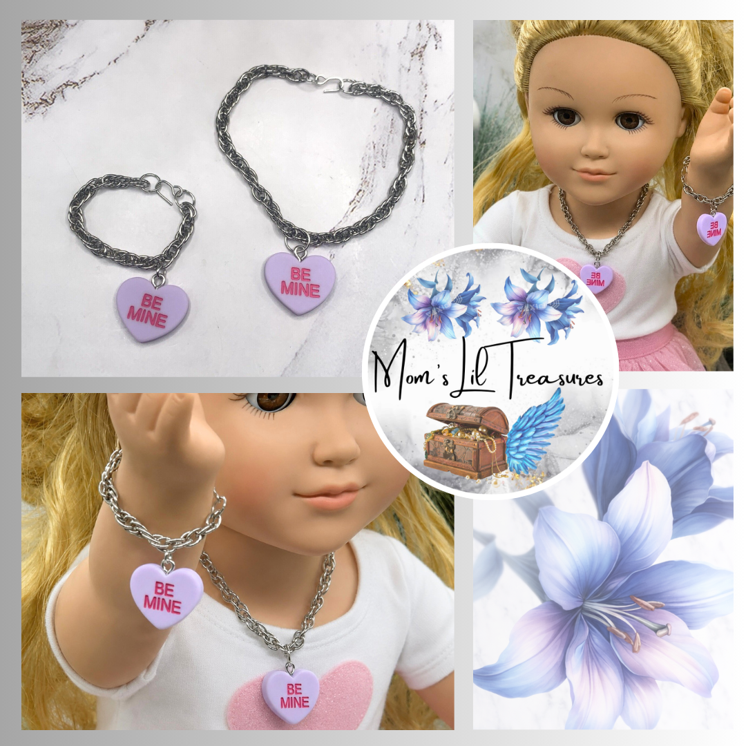Purple Heart Charm Silver Necklace Bracelet Set • 18 inch Fashion Doll Jewelry