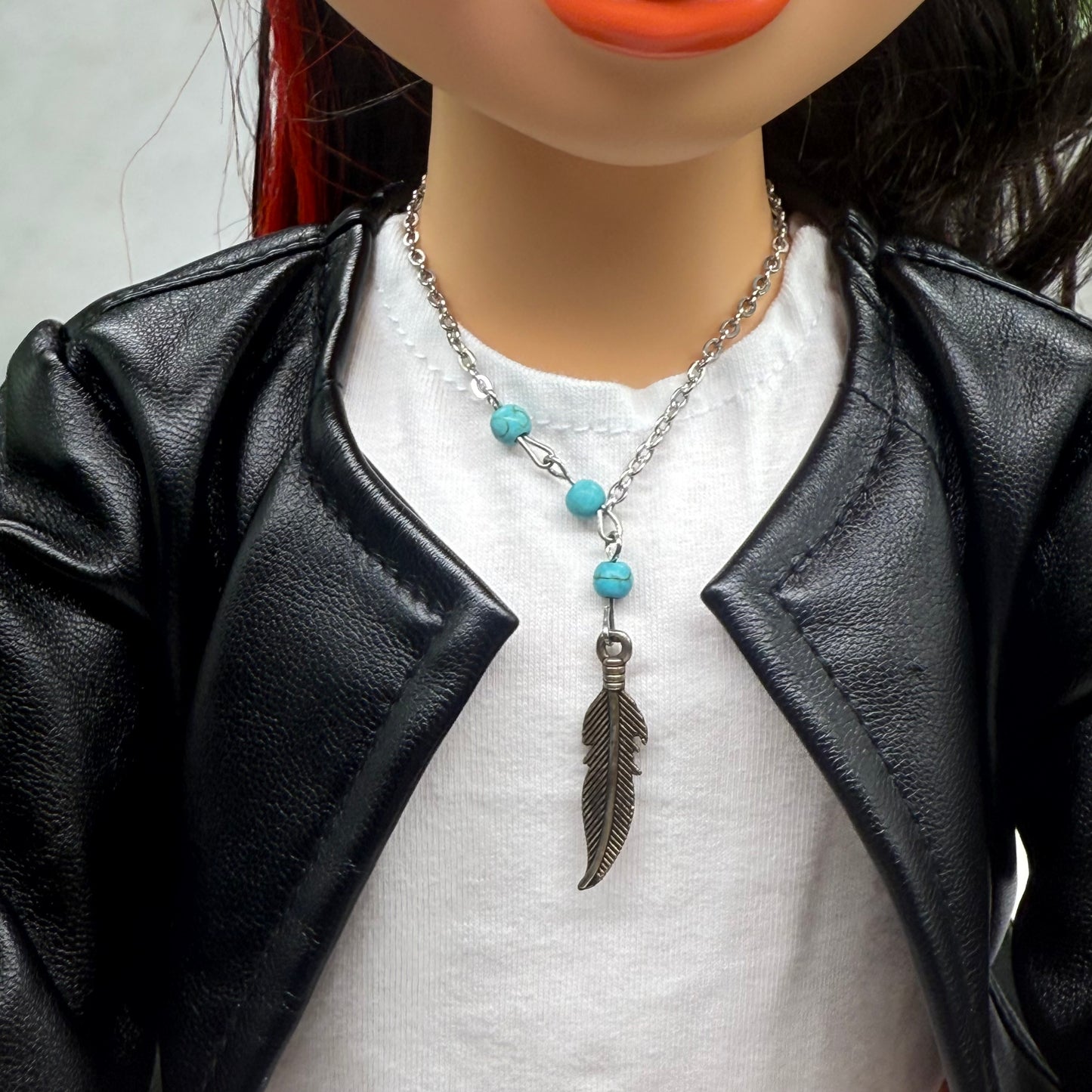 Turquoise Blue Beads Silver Feather Native Western Style Doll Necklace • 18 Inch Fashion Doll Jewelry