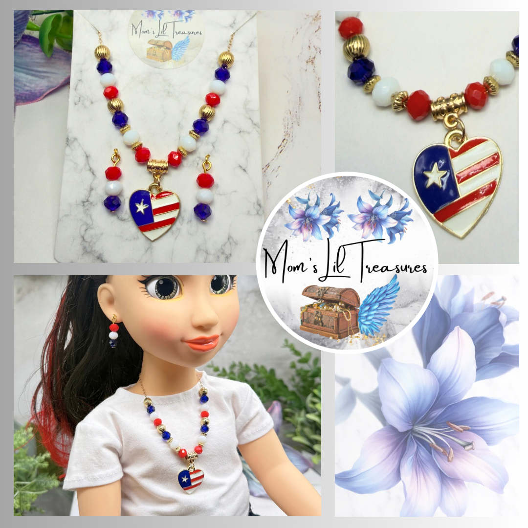 Red White Blue Beaded Heart Charm American Flag Doll Necklace & Earrings for 18 Inch Fashion Doll