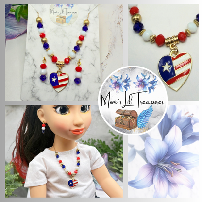 Red White Blue Beaded Heart Charm American Flag Doll Necklace & Earrings for 18 Inch Fashion Doll