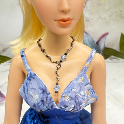 Blue Glass Crystal Gunmetal Silver Curved Link Doll Necklace • 16 Inch Fashion Doll Jewelry
