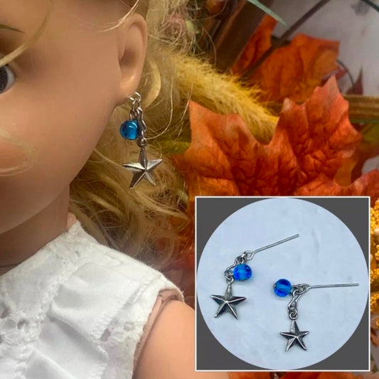 Blue Glass Silver Star Dangle Doll Earrings • 18 Inch Fashion Doll Jewelry