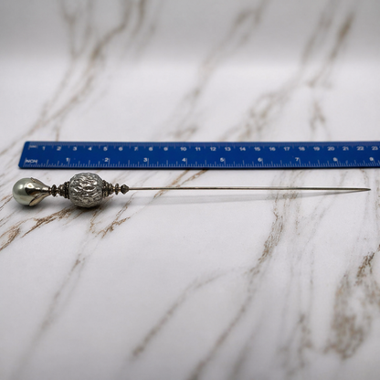 Gray Pearl Silver Gold Tone Filigree • 8.75” • Hatpin
