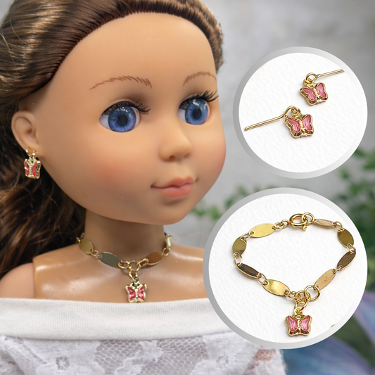 Pink Crystal Butterfly Charm Gold Oval Link Doll Necklace & Earrings • 14 Inch Fashion Doll Jewelry