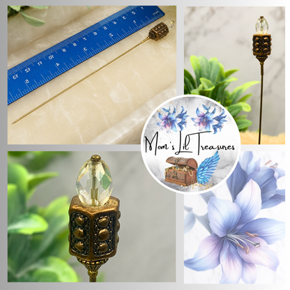 Clear Crystal - Bronze Brass Ornate -  6” Pin • Hatpin - Stick Pin