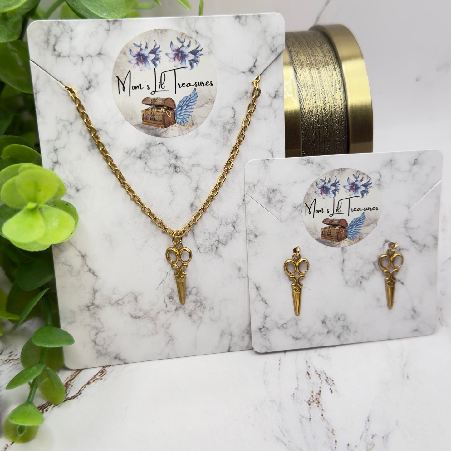Gold Vintage Style Scissors Charm Doll Necklace & Earrings Set • 18 Inch Fashion Doll Jewelry