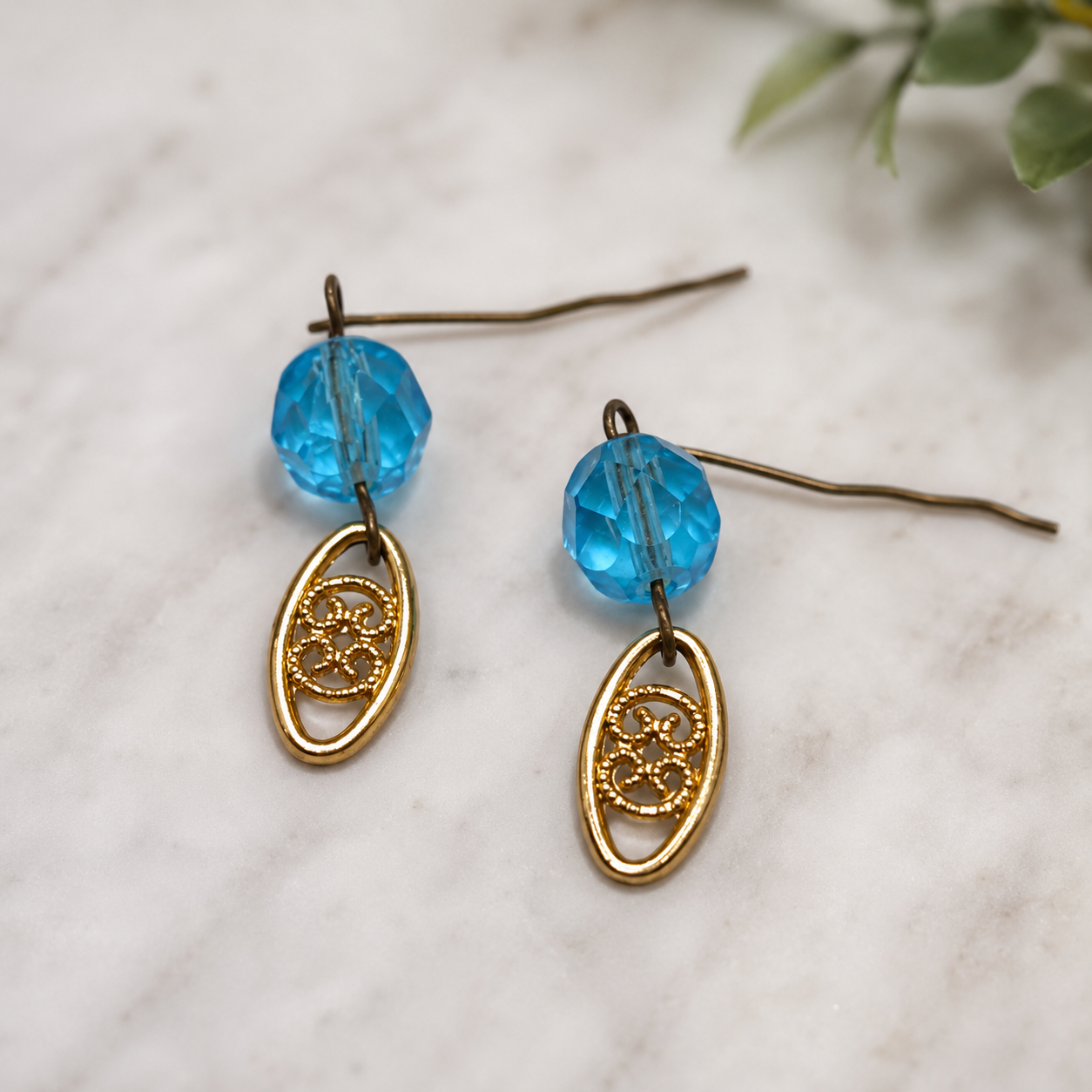 Turquoise Blue Glass Gold  Dangle Doll Earrings for 18 Inch Fashion Doll • Doll Jewelry