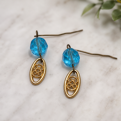 Turquoise Blue Glass Gold  Dangle Doll Earrings for 18 Inch Fashion Doll • Doll Jewelry