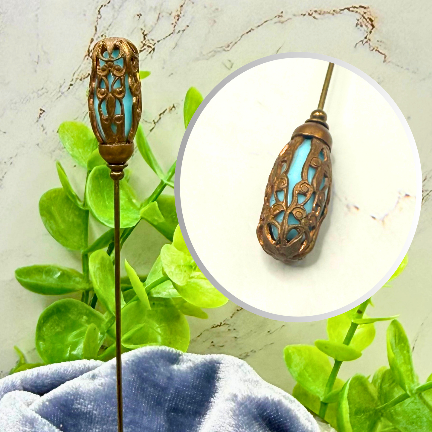 Ornate Vintage Style Copper Tone Lantern shape Filigree Cage Turquoise Glass Hatpin - 5 inch • Hatpin - Stick Pin