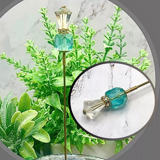 Turquoise Blue Glass Crystal -  Rhinestone Gold Tone 6” Pin • Hatpin - Stick Pin