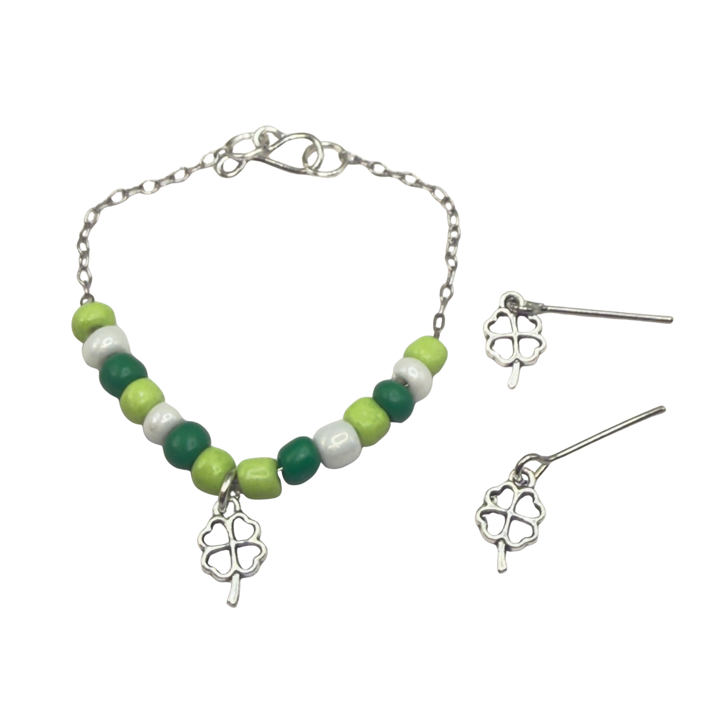 Green White Beaded Silver Four-Leaf Clover Shamrock Charm Doll Necklace & Earrings • 14 Inch Fashion Doll Jewelry