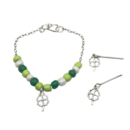 Green White Beaded Silver Four-Leaf Clover Shamrock Charm Doll Necklace & Earrings • 14 Inch Fashion Doll Jewelry