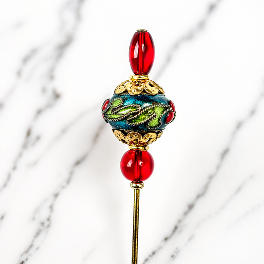 Red Lucite Blue Green Cloisonné Floral Design Gold Filigree Hatpin • 6 Inch