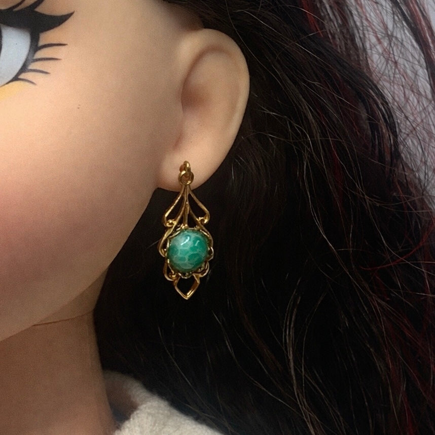 Gold Filigree Green Center Dangle Doll Earrings • 18 Inch Fashion Doll Jewelry