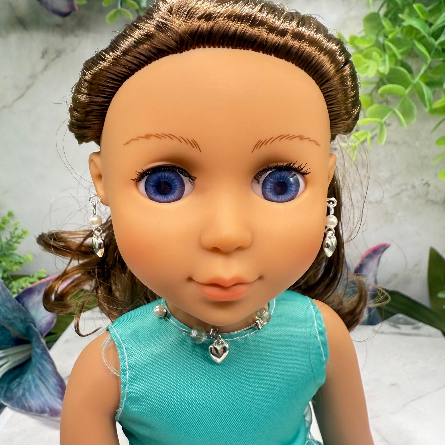 Silver Heart Charm Nylon String Pearl & Acrylic Crystal Necklace & Earrings • 14 Inch Fashion Doll Jewelry