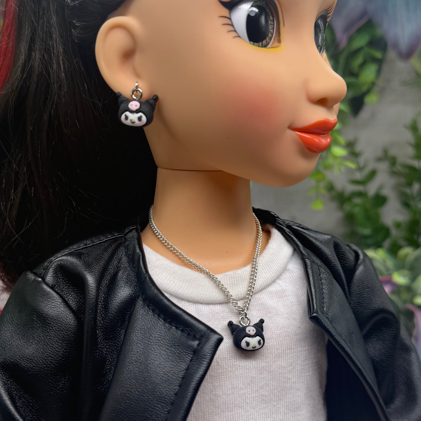 KUROMI Charm Sanrio Doll Necklace & Earrings Set • 18 Inch Fashion Doll Jewelry